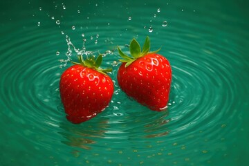 Strawberry Splash: Two vibrant, juicy strawberries create a refreshing splash as they gently touch the clear water.