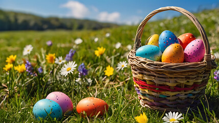 A colorful Easter egg basket placed in a lush green spring meadow under a bright sunny sky. The basket is filled with various painted eggs in vivid colors, surrounded by fresh grass and wildflowers.  