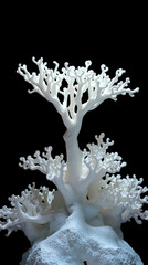 White coral reef sculpture with intricate branching structures and textured surface, set against a black background showcasing detailed natural formations and artistic craftsmanship