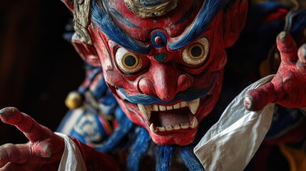 Close-up of a Red and Blue Mask with Ferocious Expression