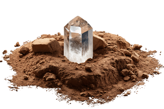 A large clear quartz crystal point emerges from a mound of rich brown soil and small rocks isolated on transparent background