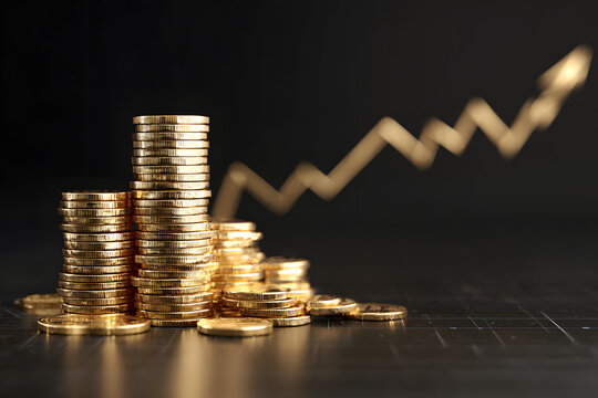 Modern minimalist gold coin stacks with rising graph concept, digital asset marketing, cryptocurrency alternatives, and investment growth visualization - Powered by Adobe