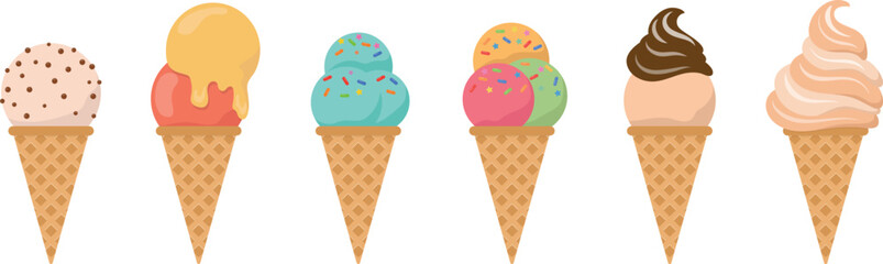 Flat Vector Illustration of Vanilla Ice Cream Cone with Chocolate Chips for Dessert Menu and Summer Template