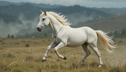 Obraz premium wild white horse wearing simple basic wooden cross necklace running