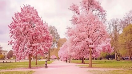 Naklejka premium Serene promenade adorned with blooming cherry trees and a gentle pathway bathed in soft light