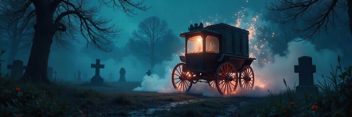 Fototapeta premium Spectral Carriage Ethereal Energy Propels Antique Carriage Through Misty Graveyard at Night