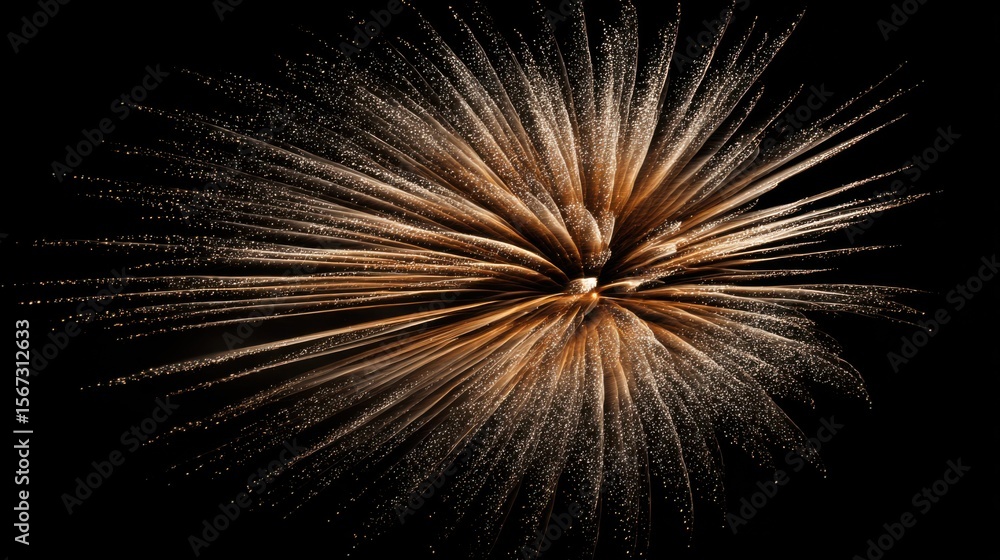 Poster dramatic golden firework burst in mid-explosion with dynamic streaks captured on an empty black back