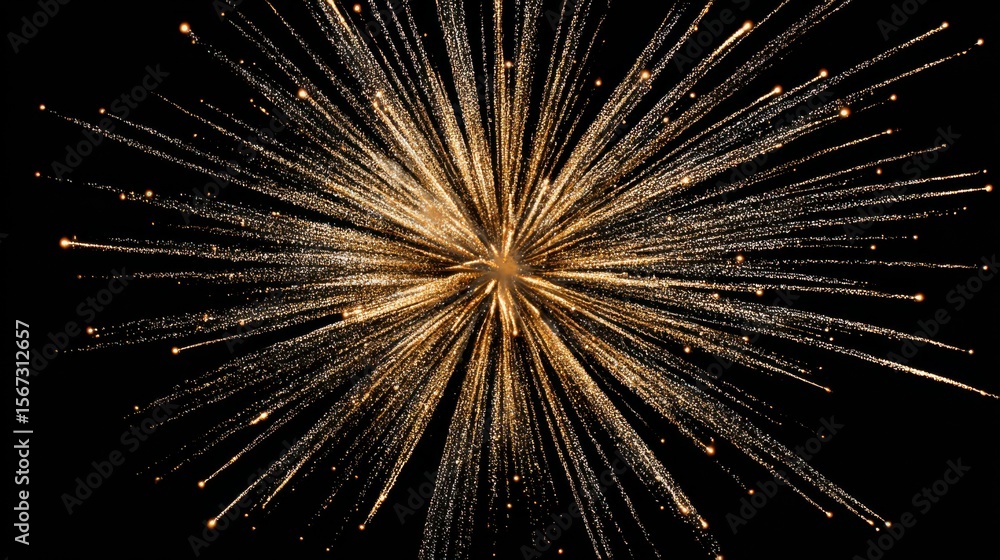 Poster dramatic golden firework burst in mid-explosion with dynamic streaks captured on an empty black back