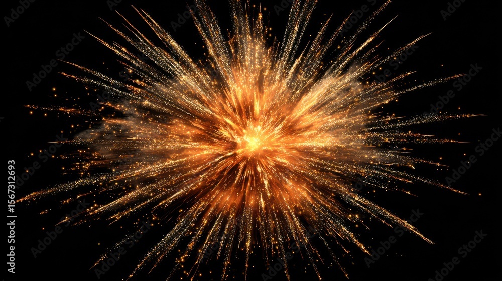 Poster dramatic golden firework burst in mid-explosion with dynamic streaks captured on an empty black back