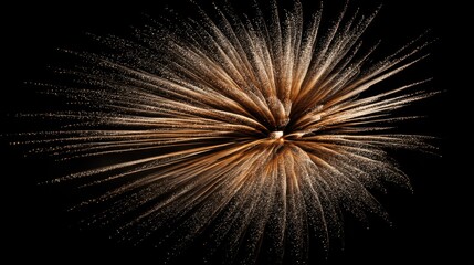 Obraz premium Dramatic golden firework burst in mid-explosion with dynamic streaks captured on an empty black backdrop.