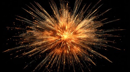Obraz premium Dramatic golden firework burst in mid-explosion with dynamic streaks captured on an empty black backdrop.