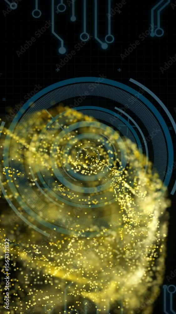 Poster animation of digital data processing and scope over circuit board and flames