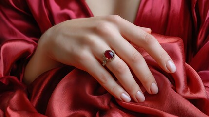 Elegant Hand with Red Ring on Luxurious Red Satin Fabric, Luxury Jewelry and Fashion Concept