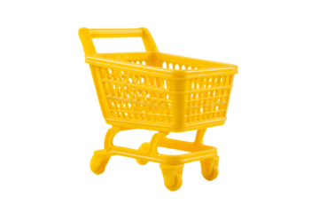 Small yellow shopping cart, ideal for retail, e commerce, or shopping concepts.