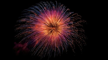 Colorful fireworks explosion captured mid-burst against a pure black background, sparkling trails and glowing embers.