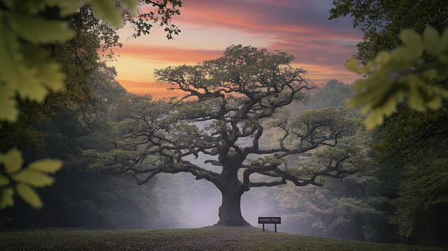 Sunrise mist forest ancient majestic oak tree nature photography