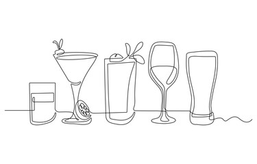 Continuous one line of best selling drinks cocktails in silhouette. Linear stylized. Minimalist.