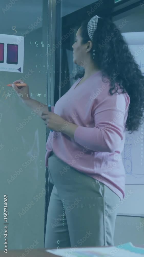 Poster animation of data processing and shapes over diverse colleagues discussing work