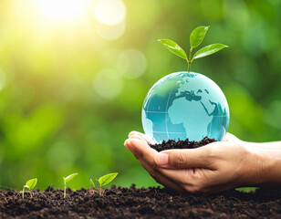 Hands holding a glass globe with a growing plant symbolizing environmental protection