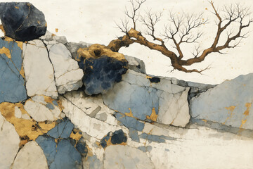 "Abstract Landscape with Tree and Rocks – Watercolor Painting"