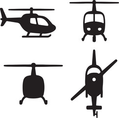 helicopter silhouette icons set side, front, back, and top views vector art illustration