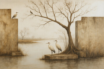 "Serene Landscape with Birds, Bare Trees, and Calm Waters"