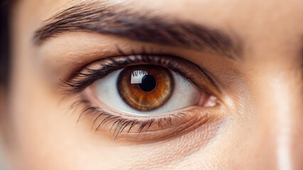 Obraz premium Close up of human eye reveals intricate details of iris and eyelashes, showcasing beautiful blend of colors and textures. silent gaze reflects