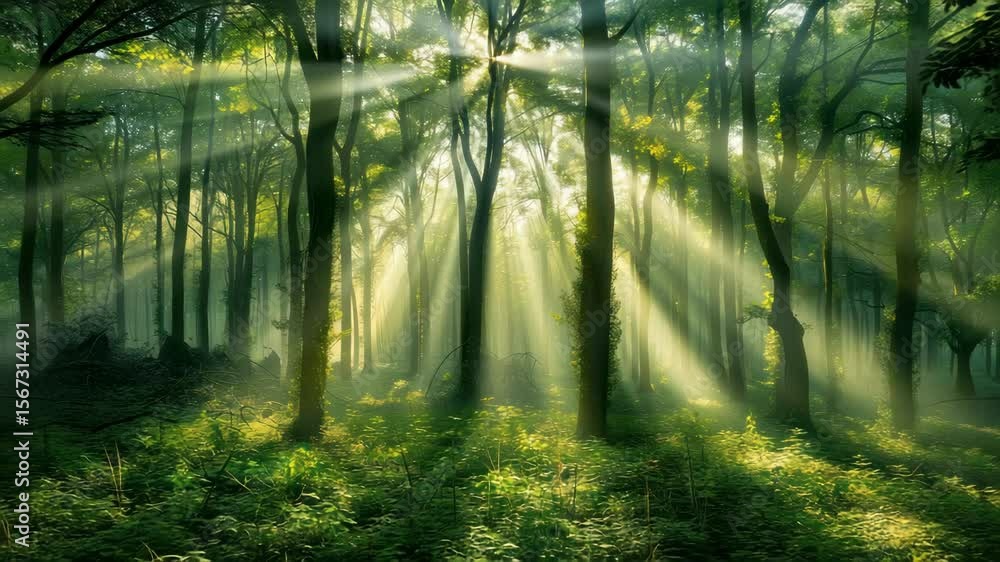 Poster sunlight filters through dense forest canopy, casting rays on lush greenery. captured from a low ang