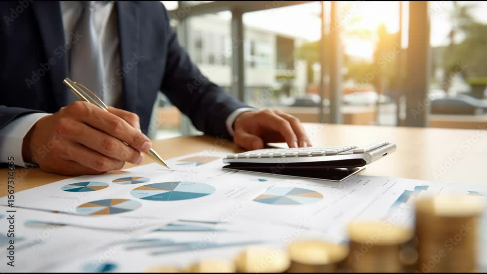 Poster businessman analyzing financial reports and stacking coins on desk in office environment with charts