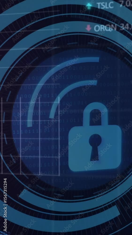 Aufkleber animation of digital data processing over padlock icon on black background