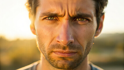 Fototapeta premium Silent moment captures man with intense eyes, reflecting migraine of thoughts under warm glow of sunset