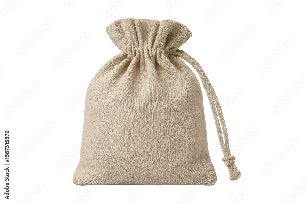 Poster linen drawstring bag resting on transparent surface, storing personal items securely