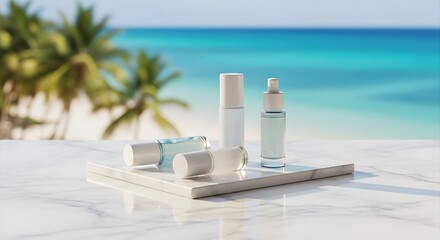 Fototapeta premium Blank cosmetic bottles displayed on a marble surface with a beach background.