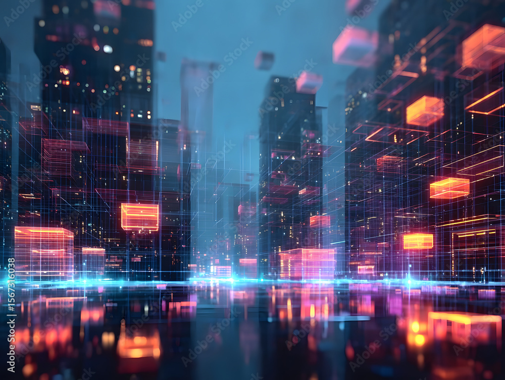 Poster futuristic digital cityscape with glowing data blocks and neon lights, representing advanced technol