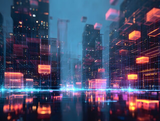 Fototapeta premium Futuristic digital cityscape with glowing data blocks and neon lights, representing advanced technology and connectivity.