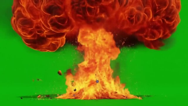 fire explosion visual effect element on a pure chroma key green screen background