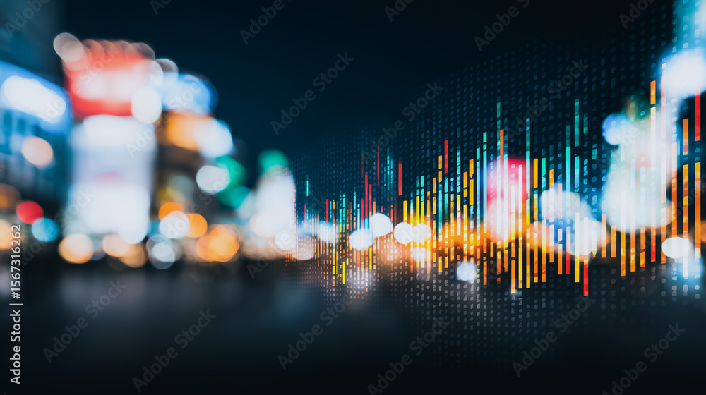 Poster data city: an abstract visual representing urban data flow at night, overlaying city lights with dyn