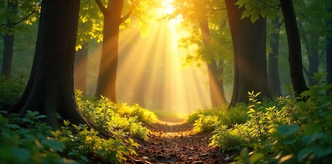 Sun-Drenched Forest Floor Golden Light Streams Through Leaves, Creating a Warm and Inviting Summer Scene of Tranquility and Relaxation