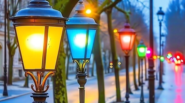Vibrant street lamps illuminate a tranquil european avenue at twilight creating a colorful ambiance