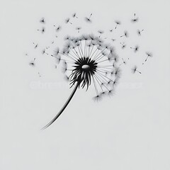 Detailed illustration of a dandelion seedhead in motion.