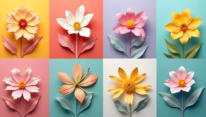 Colorful Arrangement of Artificial Flowers with Bright Petals and Green Leaves on Multi-colored Backgrounds