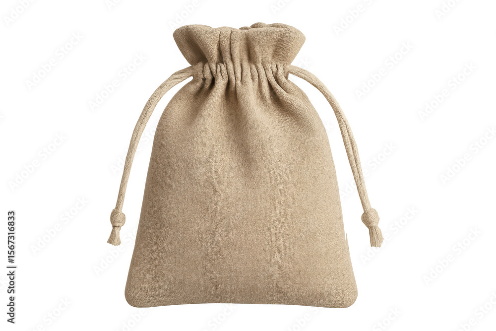 Poster closed linen bag with drawstring isolated on transparent background, perfect for storing small items