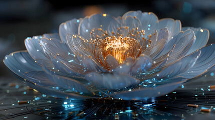 Metallic flower blooming in zero gravity with glowing petals