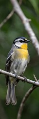 Naklejka premium Beautiful bananaquit bird with bright yellow chest perched on a branch