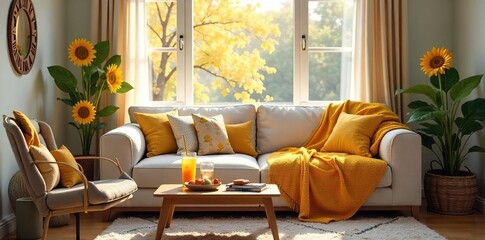 A cozy living room scene decorated for a summer theme, despite the chilly weather outside Fake sunflowers, bright throws, and iced tea complete the illusion of warmth and sunshine , light, house