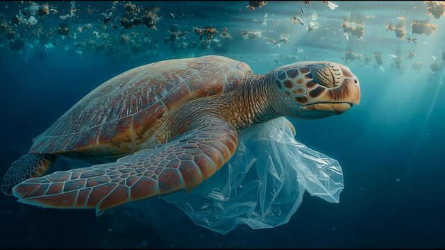 Sea turtle swimming underwater with plastic bag in its mouth, highlighting ocean pollution and marine life impact on environment