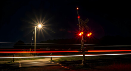 Railroad Crossing At Night With Light Trails From Passing Trains
