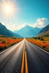Sun-Drenched Highway Endless Road Trip Across Vibrant Wildflower Fields and Majestic Mountains