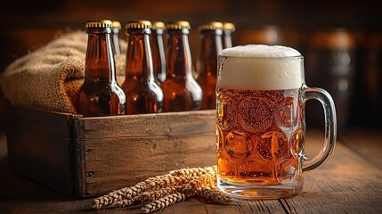 "Glass of Golden Beer with Foamy Head, Wheat Ears and Bottles in Wooden Crate"