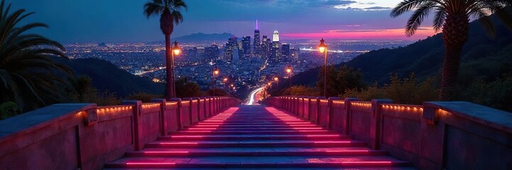 Ascending Hollywood Stairs Night Cityscape View, Urban Travel Photography